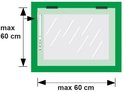 Technische tekening van een raam met maximale breedte en hoogte van 60 cm, met een raamuitzetter aan de linkerkant.