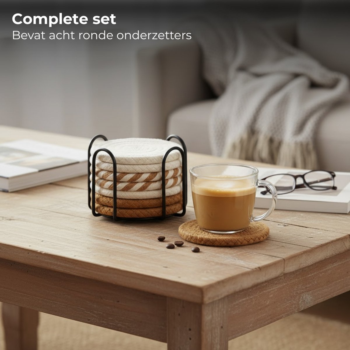 Lomera Ronde Onderzetters - Onderzetters Met Houder - Set Van 8 - Absorberende Onderzetters - Katoenen Onderzetters - Metalen Houder - Crème Kleur - Tafelbescherming - Glasonderzetters - Duurzame Onderzetters
