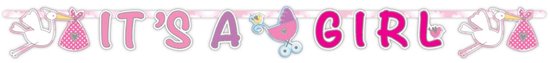 Roze 'IT'S A GIRL'-slinger met ooievaars en babyzakjes.