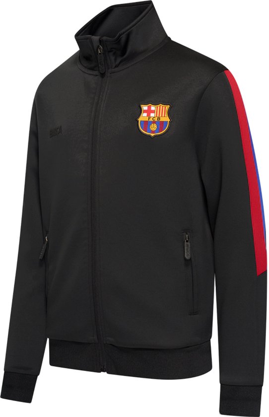 Zwarte trainingsjas met rode en blauwe strepen op de mouwen en het FC Barcelona-logo.
