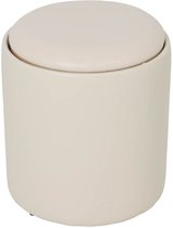 Ronde beige poef met een leren deksel, staand op kleine zwarte pootjes.