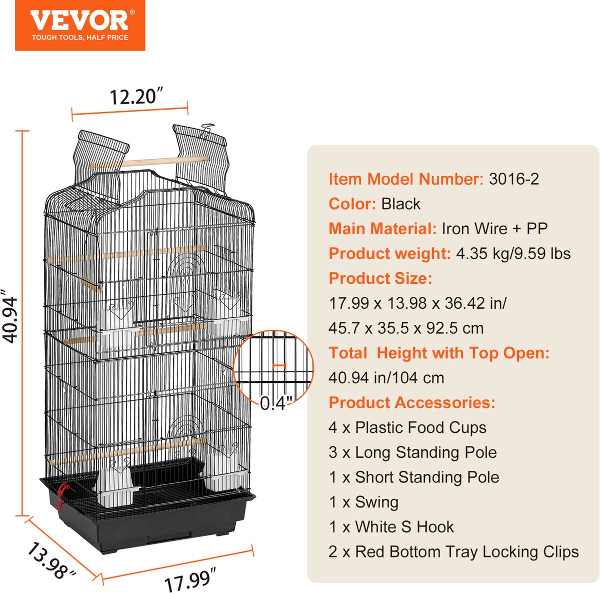 VEVOR Vogelkooi Parkietenkooi Vogelhuis Vogelbouwer 457x355x925mm Zwart thumbnail 5