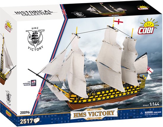 Doos van COBI HMS Victory model, met afbeelding van het schip met witte zeilen en bruine romp, schaal 1:144.