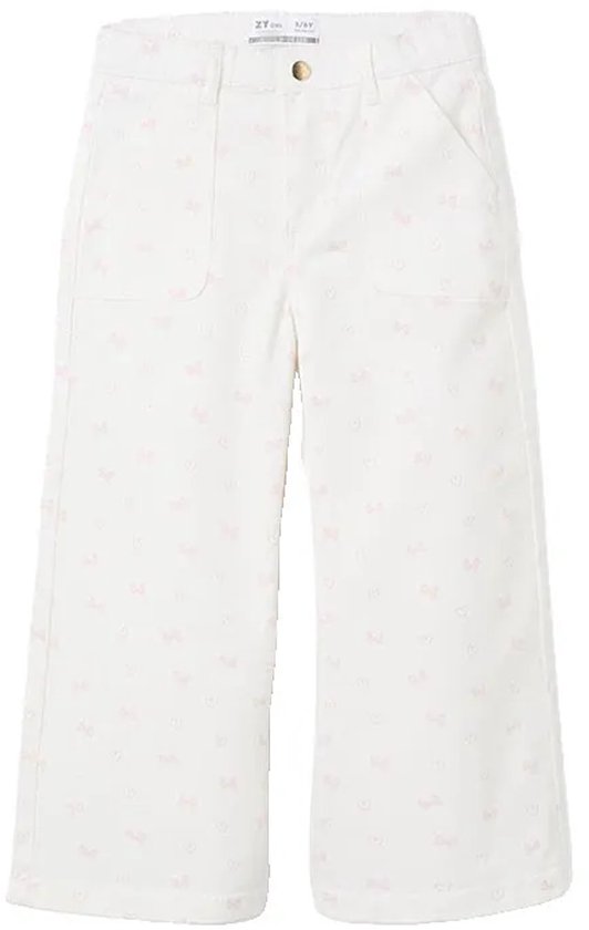 Witte 'Jessie Wide Leg' broek met all-over roze strikjes en hartjes print.
