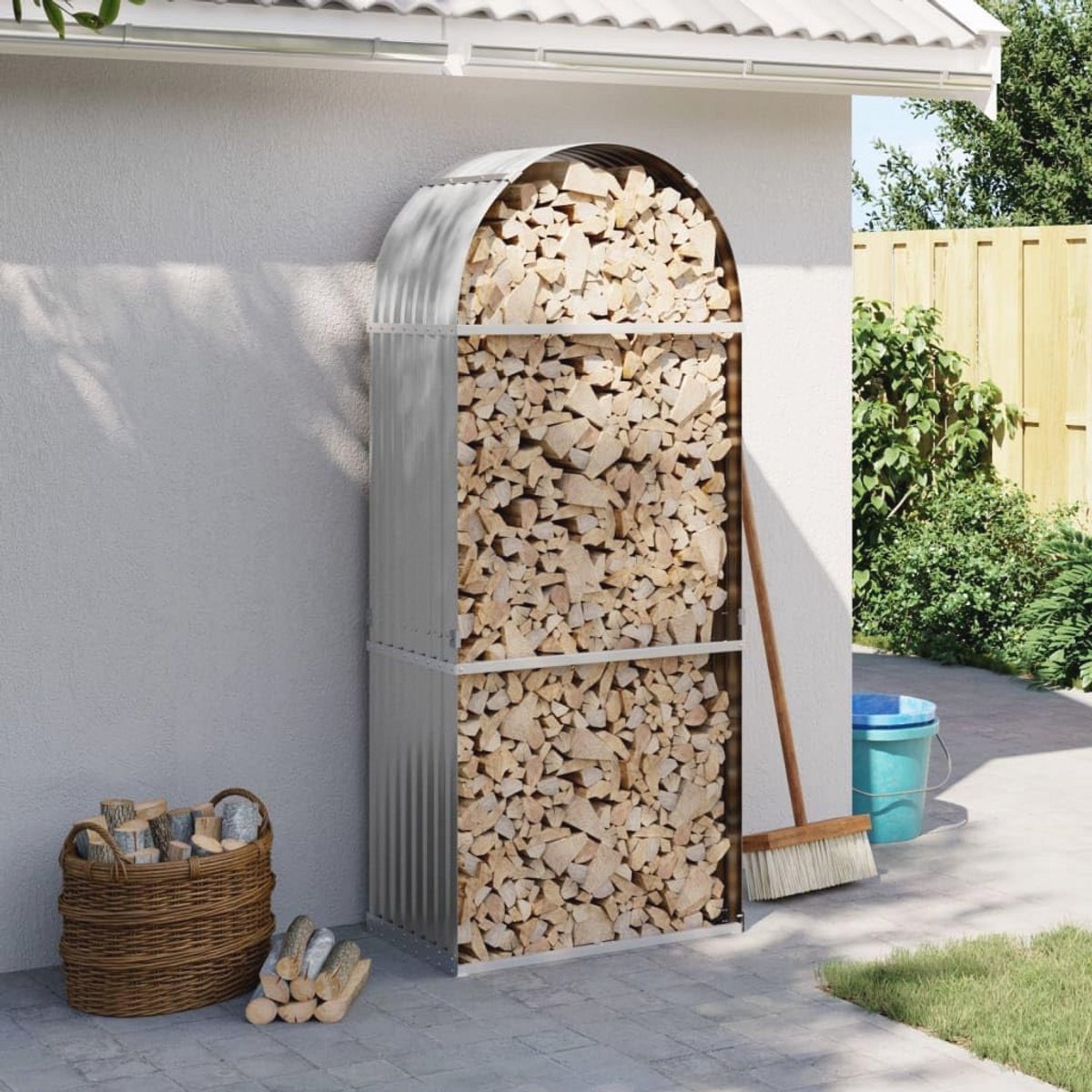 Houten Rek voor Buiten - Brandhoutopslag met Stalen Constructie - 80 x 45 x 190 cm Lichtgrijs