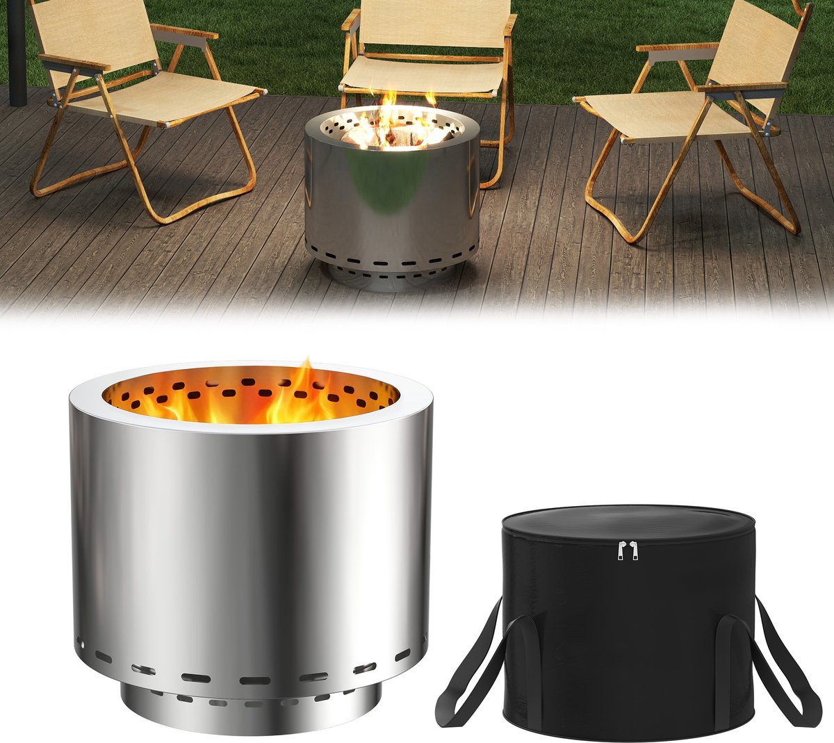 Draagbare rookvrije houtkachel Outdoor roestvrijstalen vuurschaal vuurplaats vuurton vuurkorf met tas winddicht, kampeerfornuis terrasverwarming voor kamperen BBQ ⌀49 cm, hoogte 40 cm