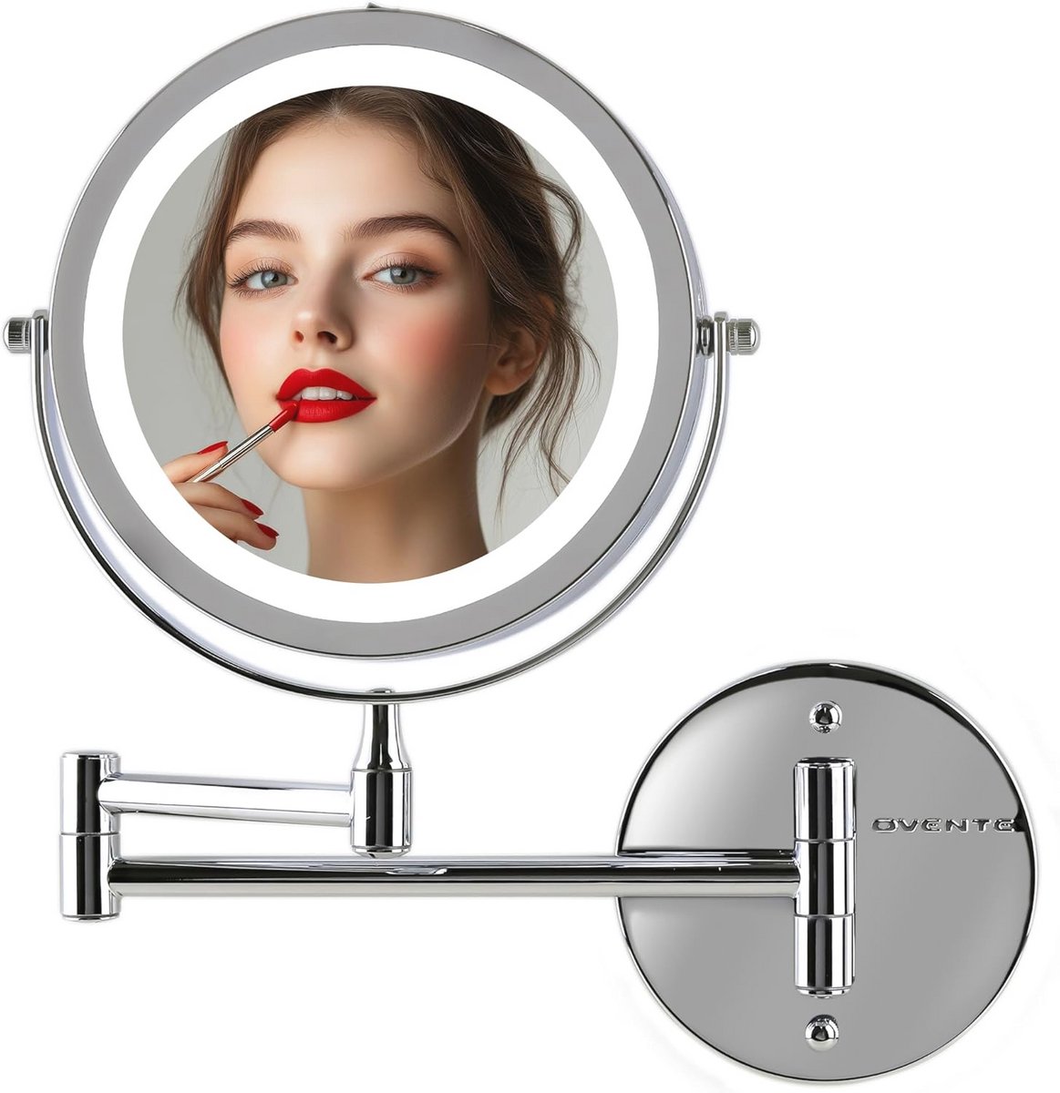 Verlichte Wandmake-up Spiegel 7" Met 1X/10X Vergroting, Draadloze Dubbelzijdige Ronde Make-up Spiegel, 360° Draaibaar, Uittrekbare en Vouwbare Arm, Gepolijst Chroom