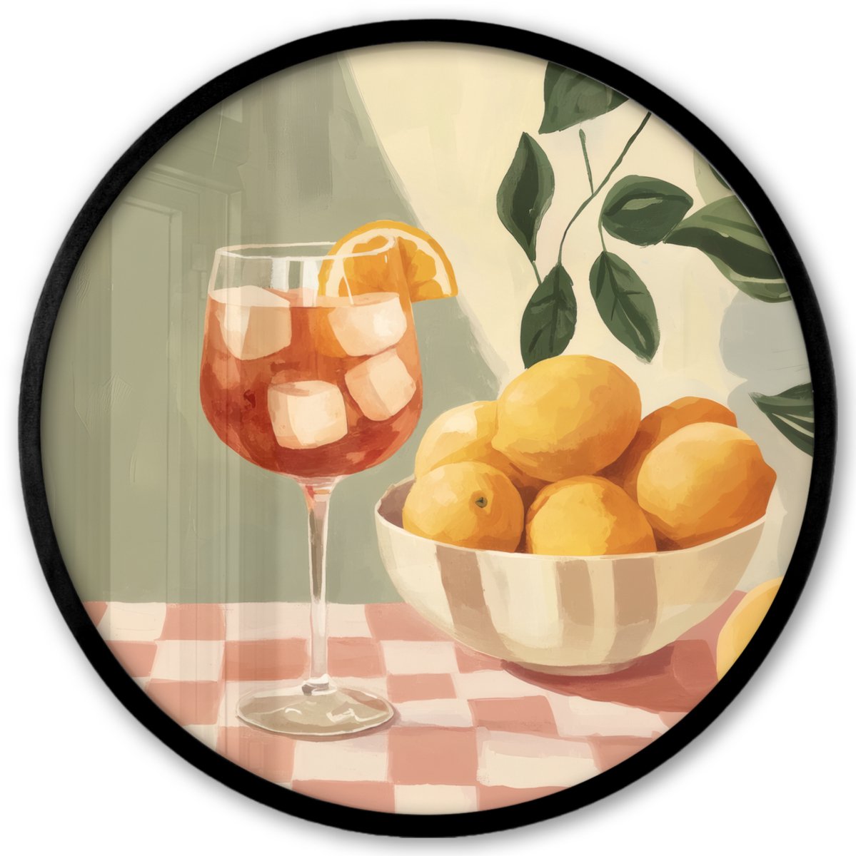 FrameYourWall Poster in lijst Rond - Fotolijst 40x40 cm - Posters - Citroenen - Glas - Tafelkleed - Geblokt - Ronde posterlijst zwart - Decoratie - Wanddecoratie woonkamer - Muurdecoratie slaapkamer