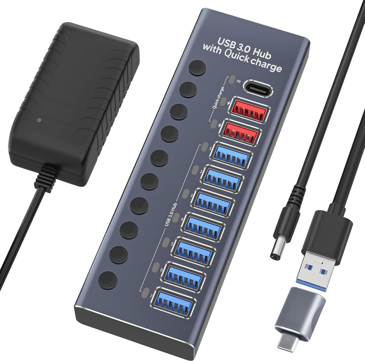 Image of 10-in-1 USB Hub met 7 USB 3.0 poorten en 3 snelladers - Actieve USB Hub 3.0 met schakelaar