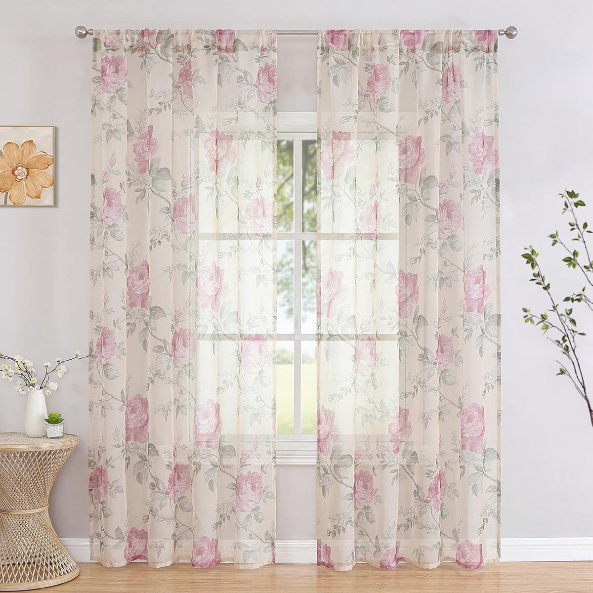 Vitrage Voile Gordijnen met Bloemenmotief - Semi-transparante Gordijnen voor Woonkamer - Set van 2 - 160 x 140 cm - Roze