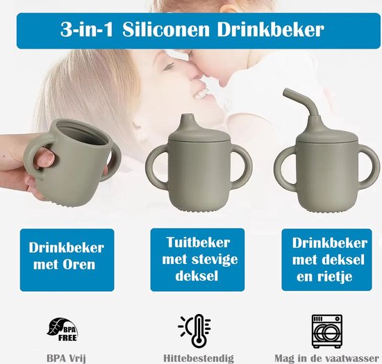 2 Stuks - Siliconen Drinkbeker Tuitbeker met Rietje - Kinder Oefenbeker met Oren - Open Beker - 180 ml - Blauw en Groen - BPA vrij — afbeelding 3