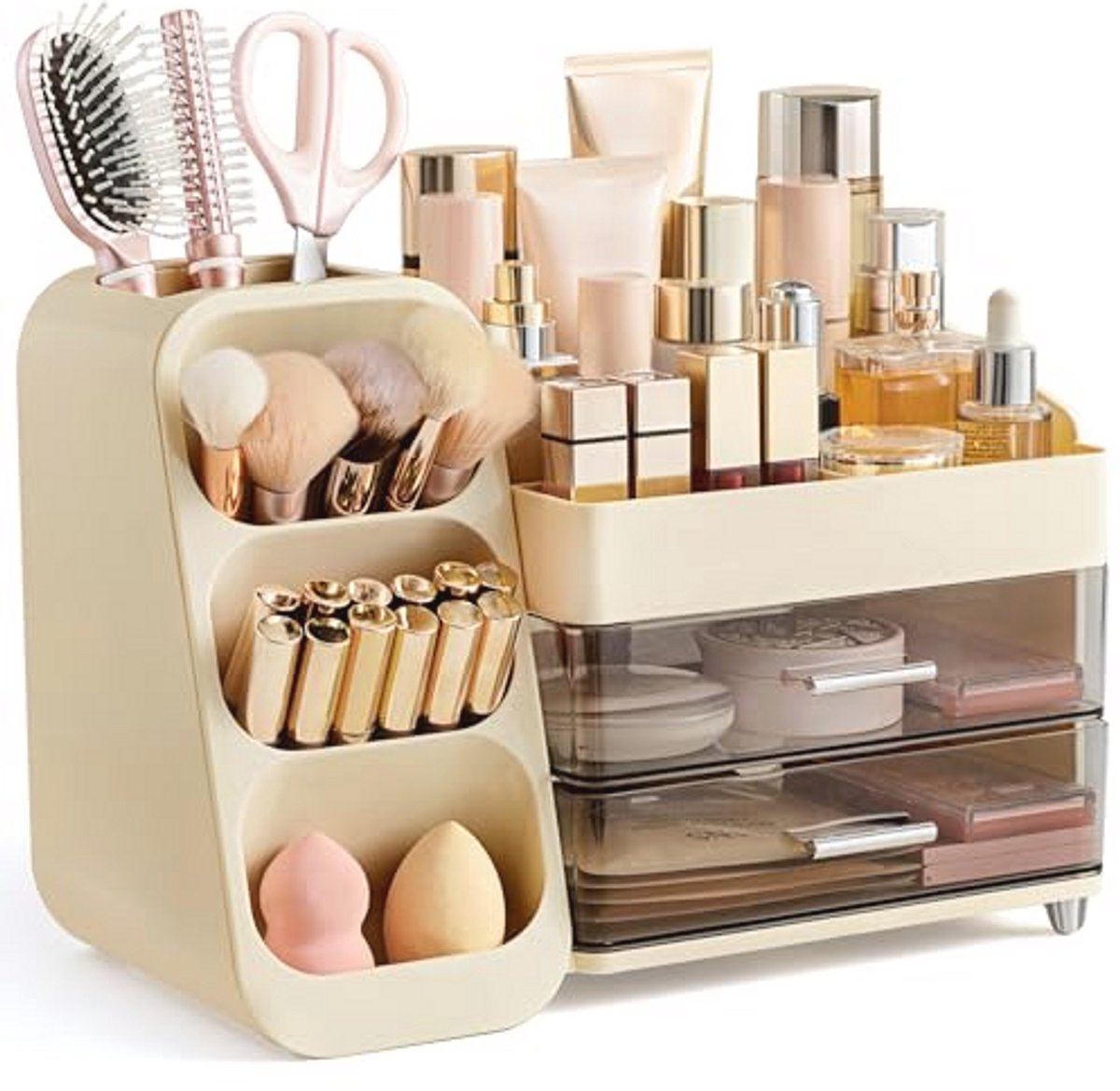 Make-up Organizer met Laden en Borstelhouder - 3-in-1 Cosmeticadoos in Geel