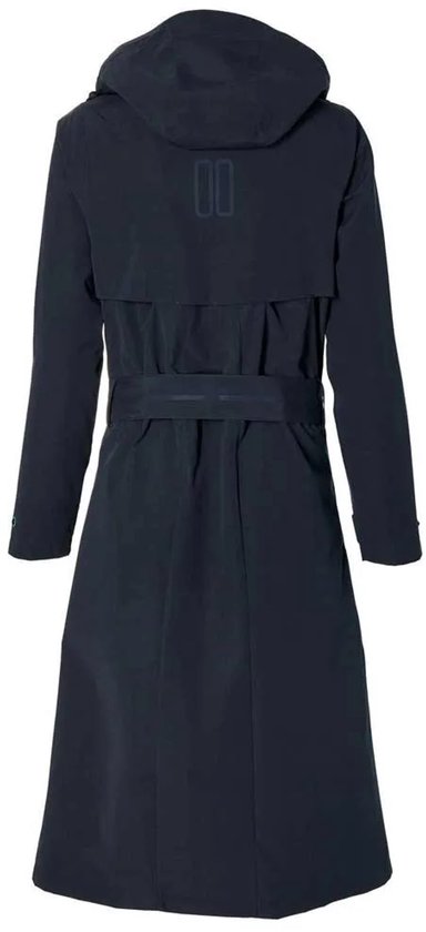 Donkerblauwe lange jas met capuchon en ceintuur in de taille, achterkant.
