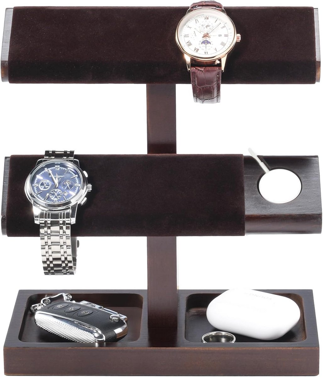Houten Horloge Houder met T-Bar Display - 2 Niveaus - Donkerbruin