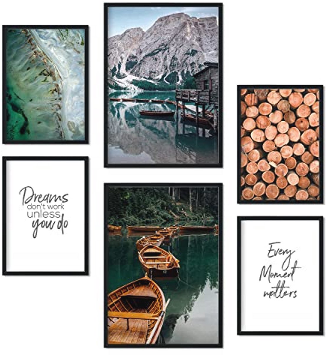 Decoratieve Muurposters - Set van 6 Natuur en Bos Afbeeldingen - Moderne Wanddecoratie - A3 en A4 met Zwart Frame