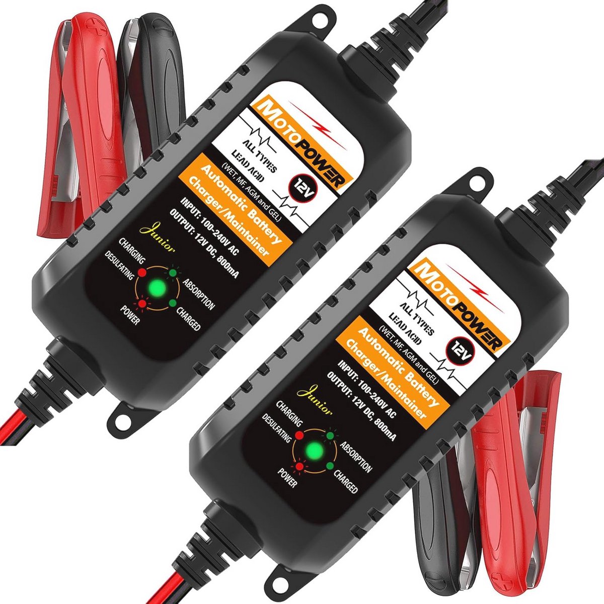 Set van 2 automatische acculaders 12V 800mA met batterijhouder en desulfator