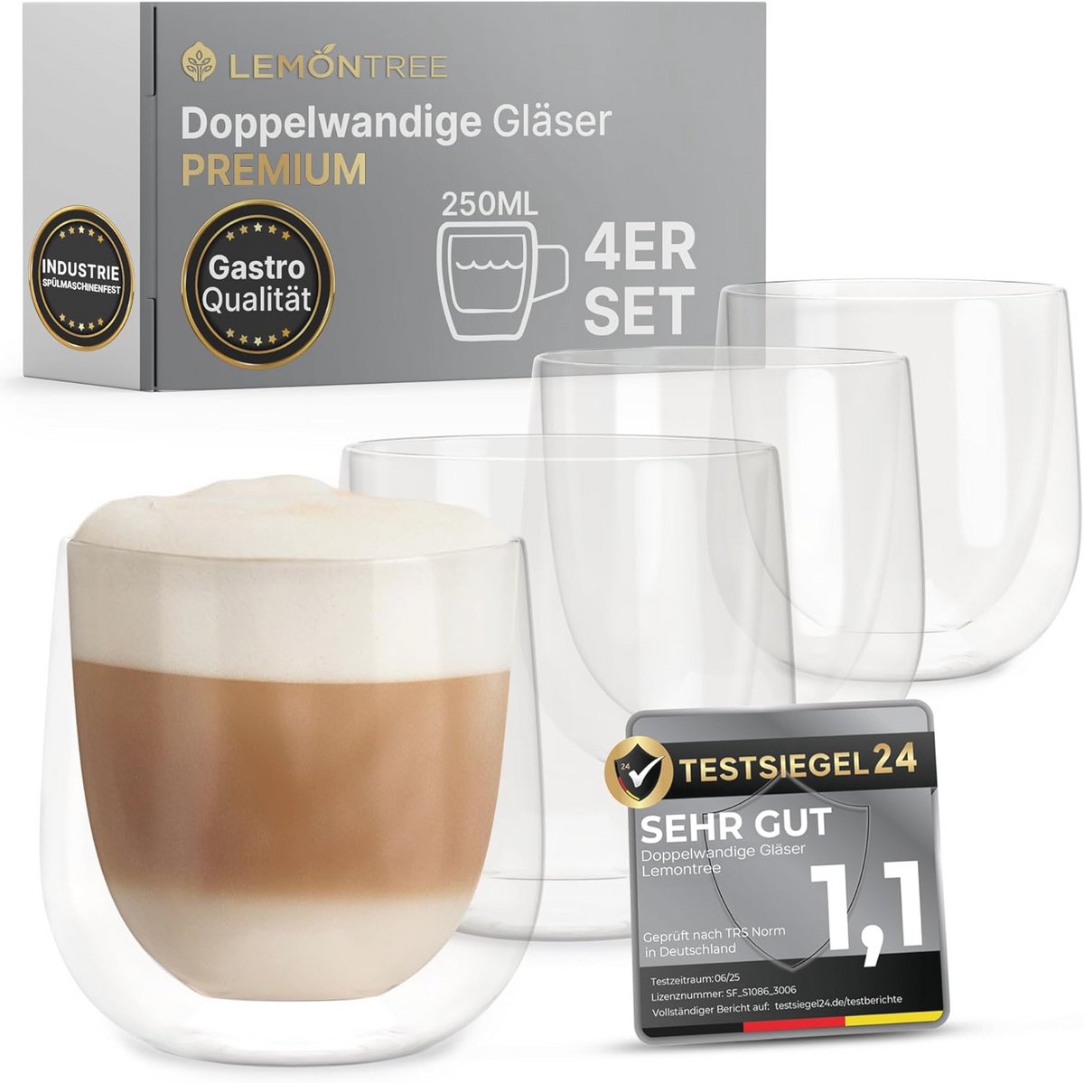 Set van 4 Dubbelwandige Cappuccinokopjes - Gastronomische Kwaliteit, 250 ml - Vaatwasmachinebestendig, Hittebestendig