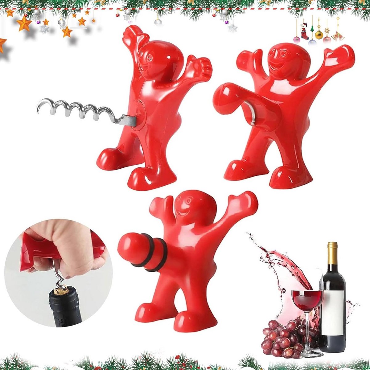 Grappige flesopener en wijnflesstopperset - 3 stuks voor feest en cadeau