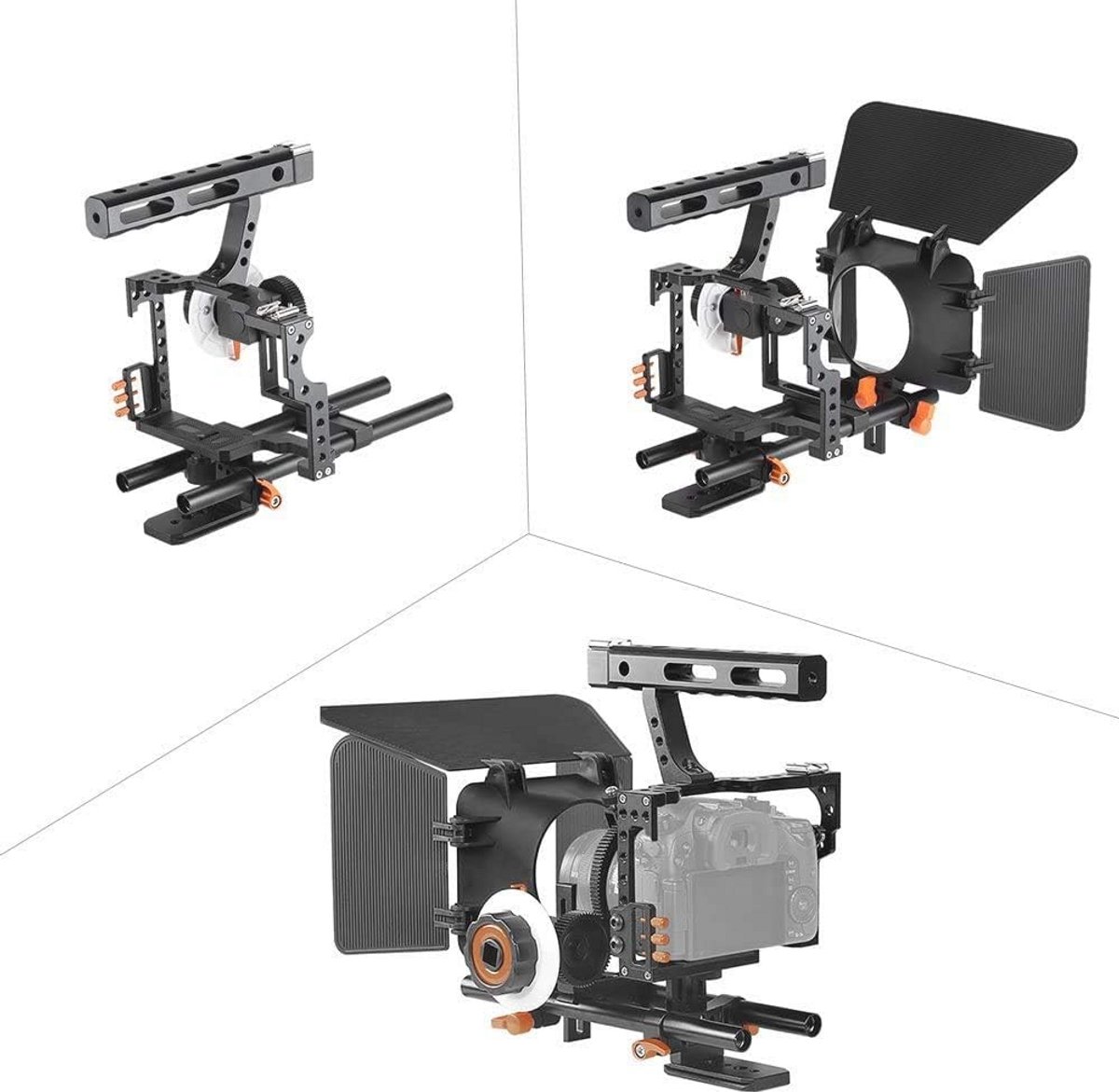 Camerarig met Cage, Follow Focus en Mattebox voor DSLR en spiegelloze camera's