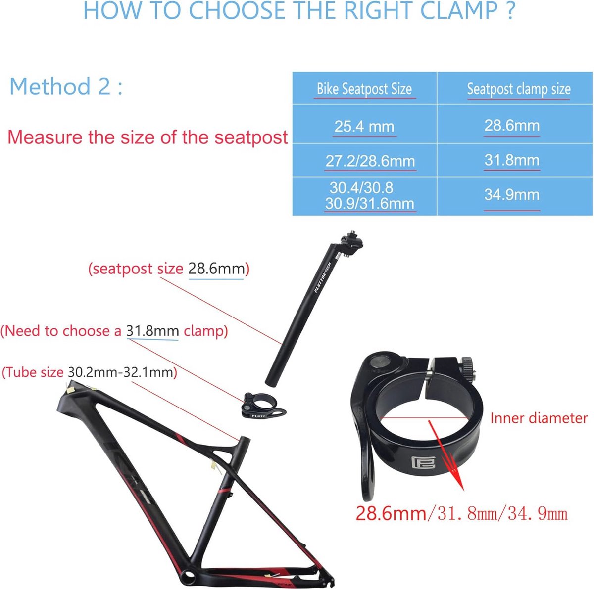 Fietszadelklem met snelspanner in aluminiumlegering - 28,6/31,8/34,9 mm - Zwart