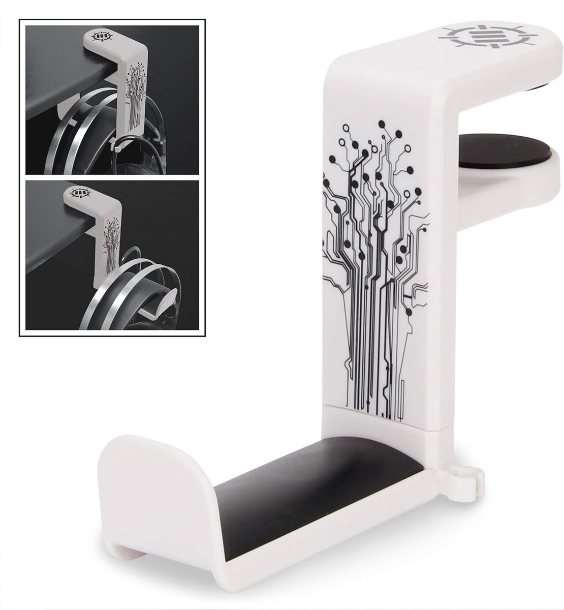 Hoofdtelefoon Hanger met Verstelbare Draaibare Arm - Onder Bureau Klem, Universele Pasvorm en Kabel Organiser - Wit