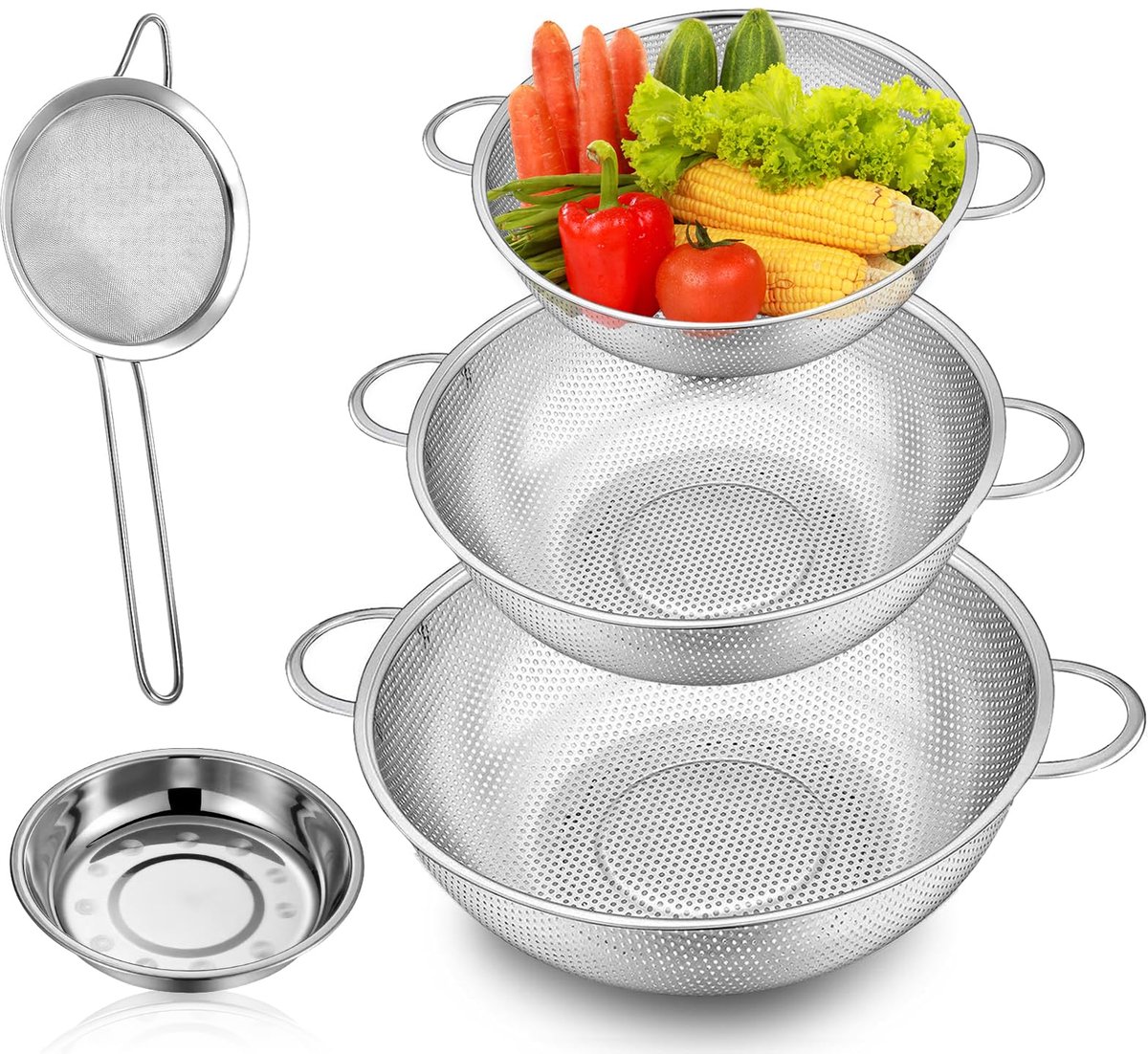 Unyqoos® Complete set van vijf roestvrijstalen keukenzeven voor diverse kookbehoeften