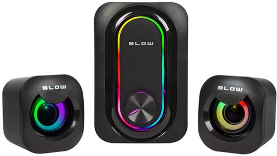 Zwarte Blow speakerset met RGB-verlichting, bestaande uit een subwoofer en twee kleinere speakers.