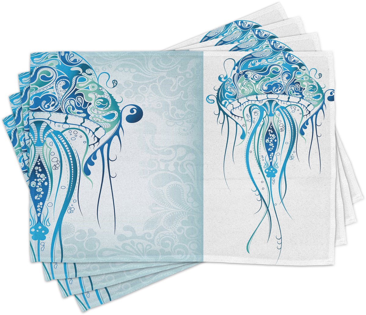ABAKUHAUS Marine tafelmatten, oceaankwallen met Paisley-patroon, strandontwerp, visachtig drukontwerp, gemaakt van kleurvaste stof voor eetkamer en keuken, blauw en wit