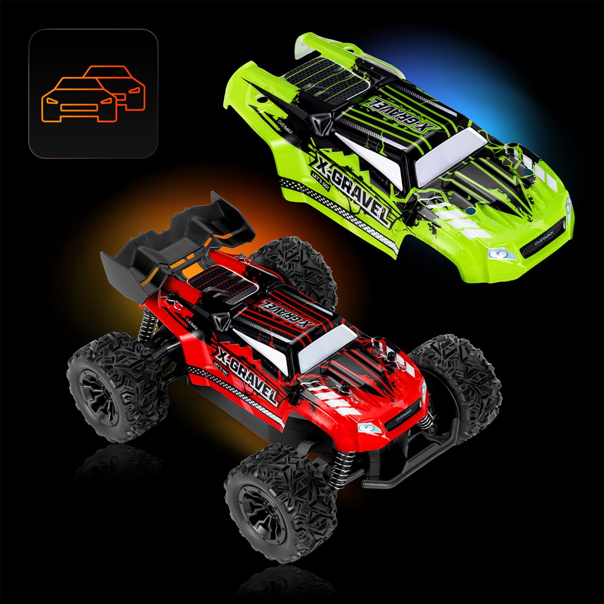 Overmax X-Gravel RC Auto – 1:16 Terenauto 20 km/u – Achterwielaandrijving, Vering, 2 Accu’s tot 30 min Speeltijd, 2 Carrosserieën – Offroad Racewagen voor Kinderen & Volwassenen – Bestuurbare Auto — afbeelding 17
