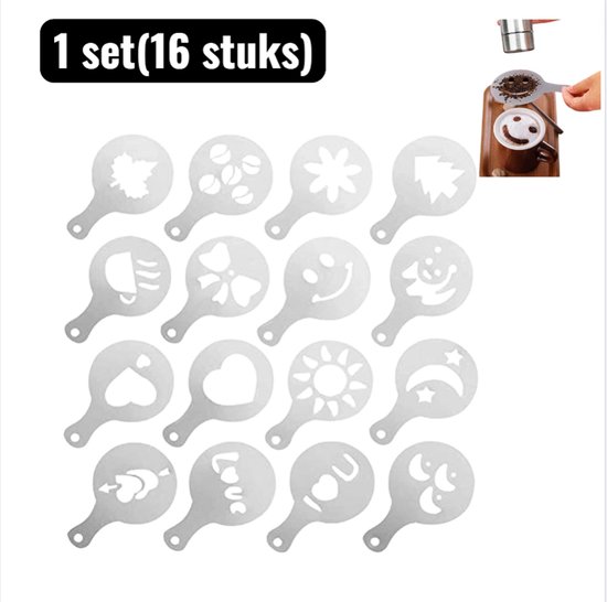 1 lot (16 pièces) - Pochoirs à café - Pochoirs pour mousse de Café - Pochoir Cappuccino - Modèles Cappuccino - Modèles d'impression créatifs pour latte Art, idéaux pour les baristas à domicile - Wit