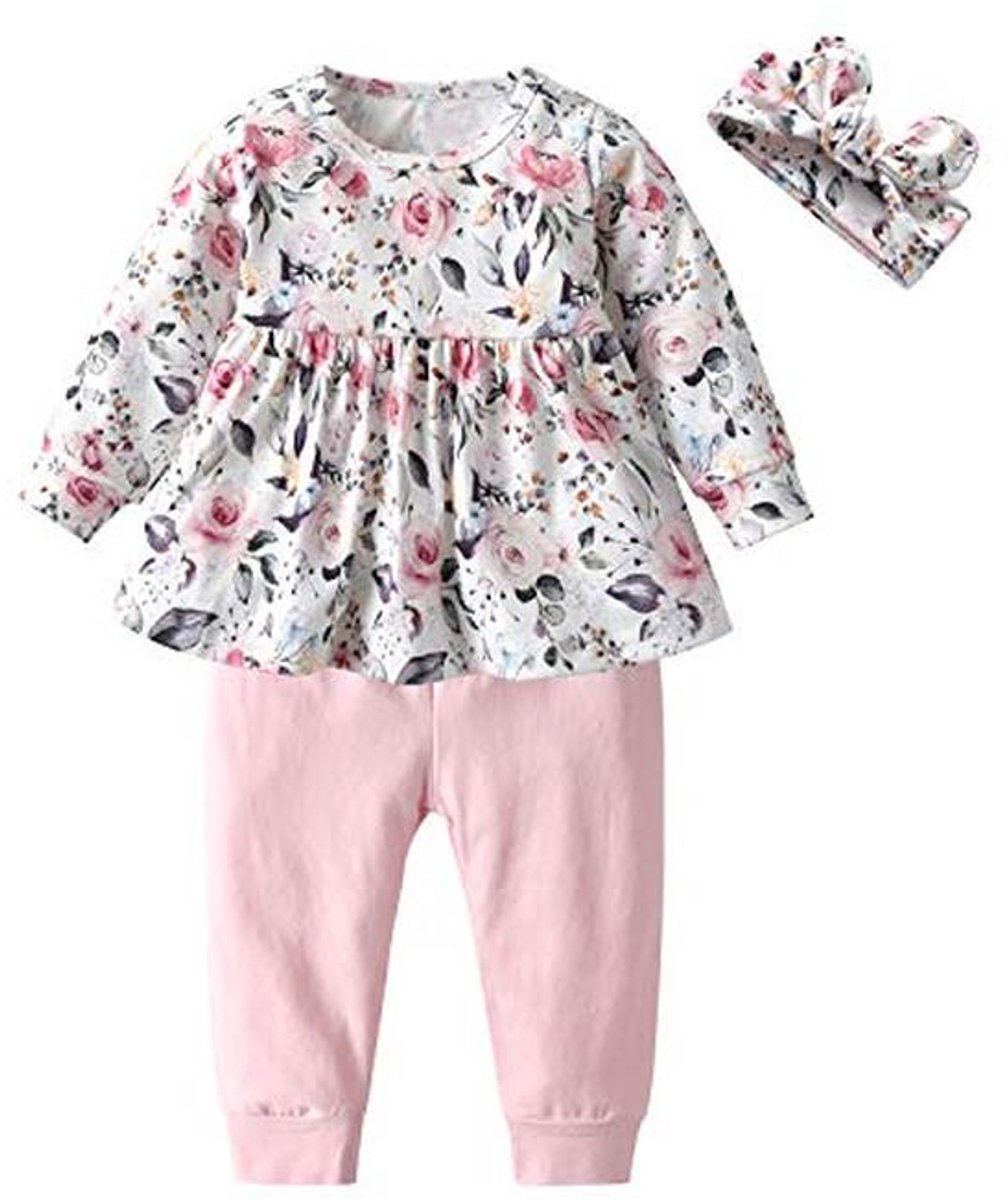 Baby Meisje Kleding Set met Ruche en Bloemen voor 9-12 Maanden