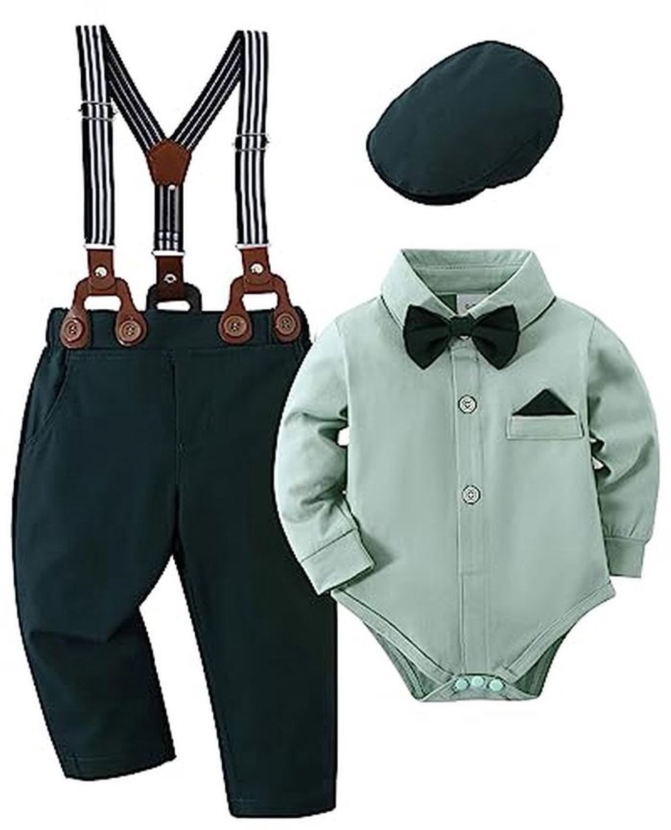 Gentleman Kledingset voor Baby Jongens - Tuxedo Romper en Suspender Broek met Strikje, 0-18 maanden
