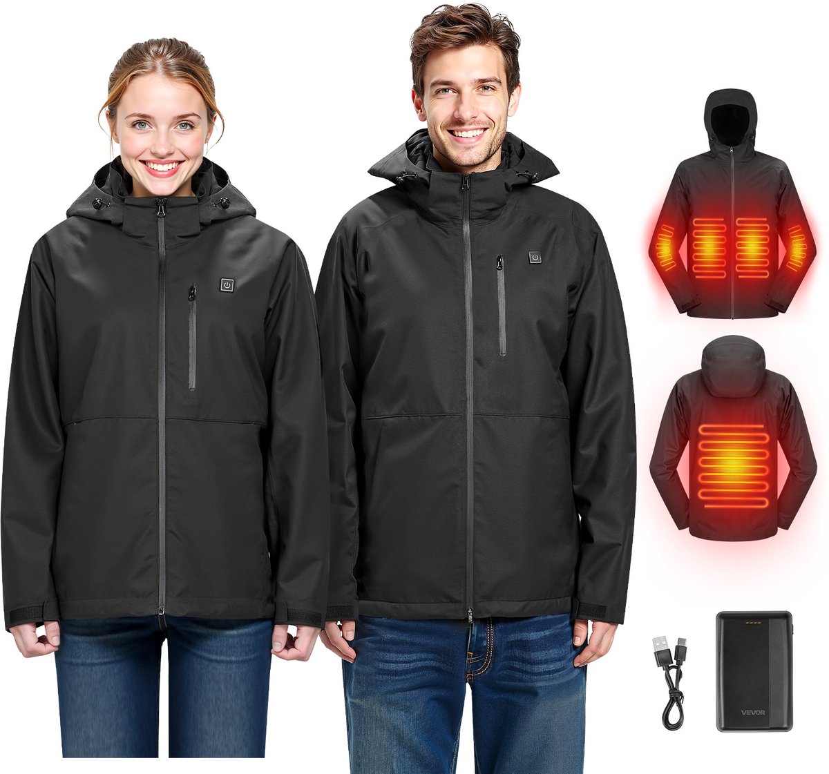 VEVOR Verwarmde Jas voor Dames met 7 4V Batterij Elektrische Softshell Verwarmde Jas Winddichte Verwarmde Jas Lichtgewicht Buitenkleding met 5 Verwarmingszones en 3 Warmtestanden Machinewasbaar Zwart