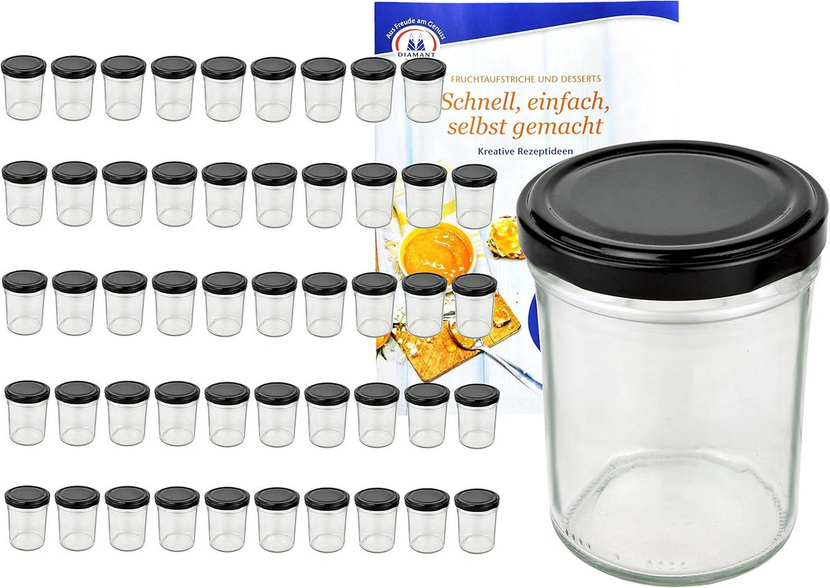 Set van 50 hoge inmaakpotten met zwart deksel - 230 ml