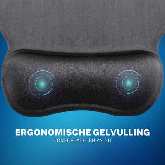 Close-up van een zwarte muismat met ergonomische gelvulling, comfortabel en zacht.