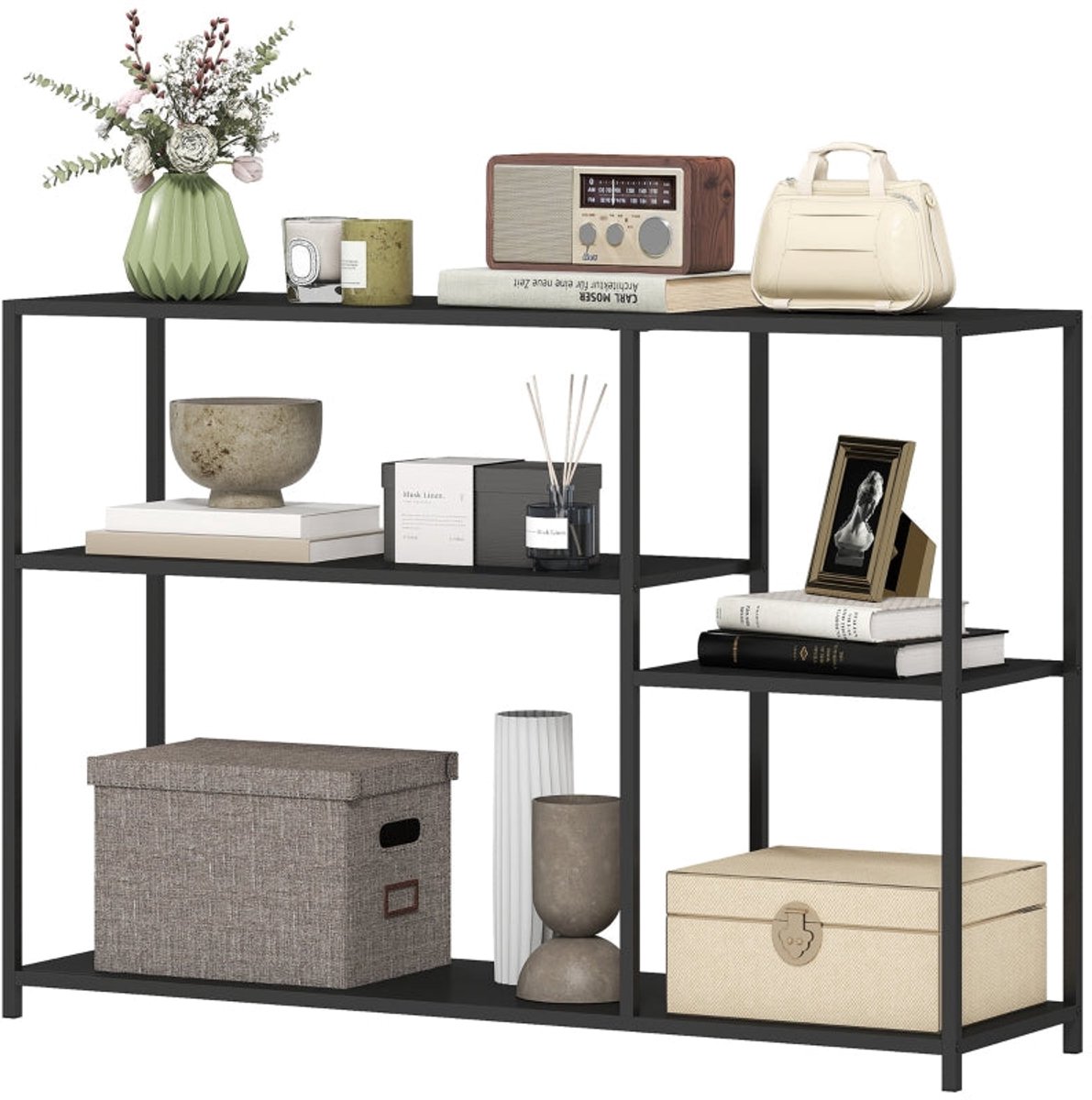 Merax Consoletafel 110 X 30 X 75 Cm - Zwart - Stalen Frame - Met 4 Legplanken - Smalle Haltafel - Sidetable Voor Hal Woonkamer En Slaapkamer - Draagkracht 60 Kg