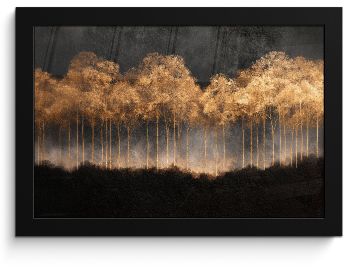 FrameYourWall Poster in lijst - Fotolijst 30x20 cm - Posters - Gouden Bomen in Mistig Landschap - Posterlijst zwart - Decoratie - Wanddecoratie woonkamer - Muurdecoratie slaapkamer Bomen - Mist - Goud