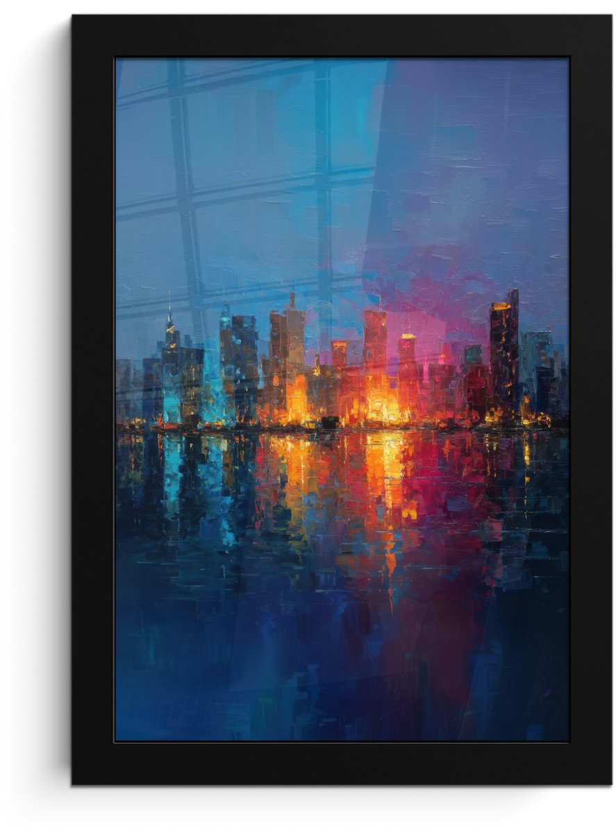 FrameYourWall Poster in lijst - Fotolijst 20x30 cm - Posters - Skyline - Penseelstreken - Donkerblauw - Lichtgevend - Posterlijst zwart - Decoratie - Wanddecoratie woonkamer - Muurdecoratie slaapkamer