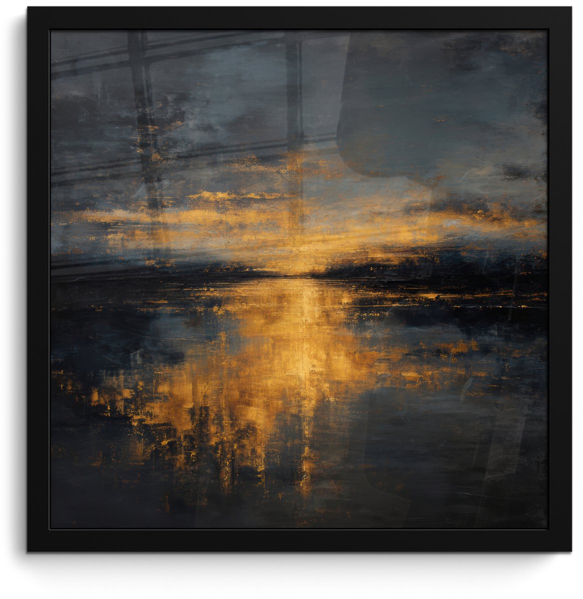 FrameYourWall Poster in lijst - Fotolijst 40x40 cm - Posters - Gouden Reflectie op Water - Posterlijst zwart - Decoratie - Wanddecoratie woonkamer - Muurdecoratie slaapkamer Water - Goud - Reflectie