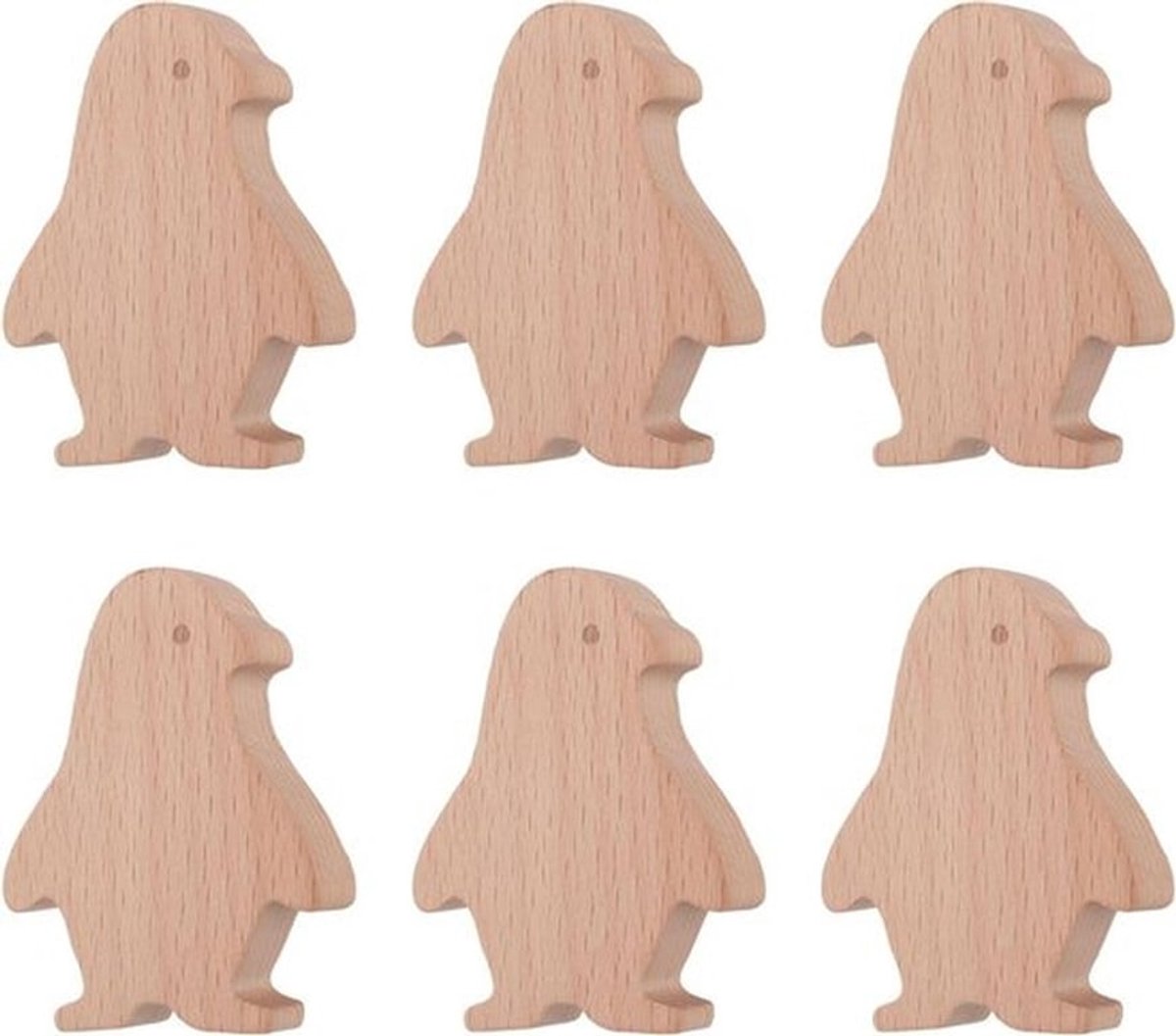 Houten pinguïns decoratieve meubelknoppen voor kinderkamer - Set van 6, inclusief schroeven
