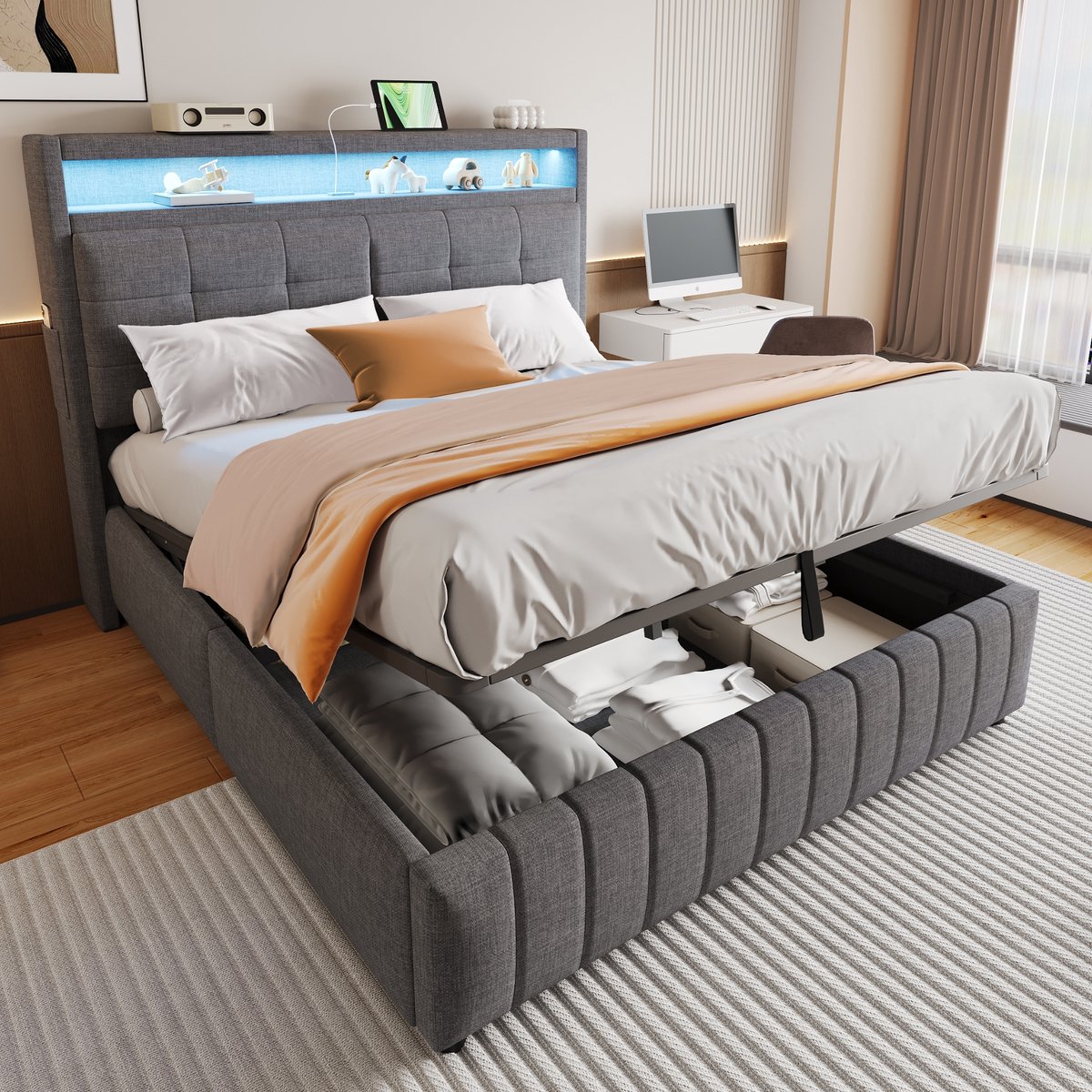 Sweiko Gestoffeerd bed - 160 x 200 cm - LED-verlichting - USB-aansluiting - Opbergruimte - Linnen - Grijs