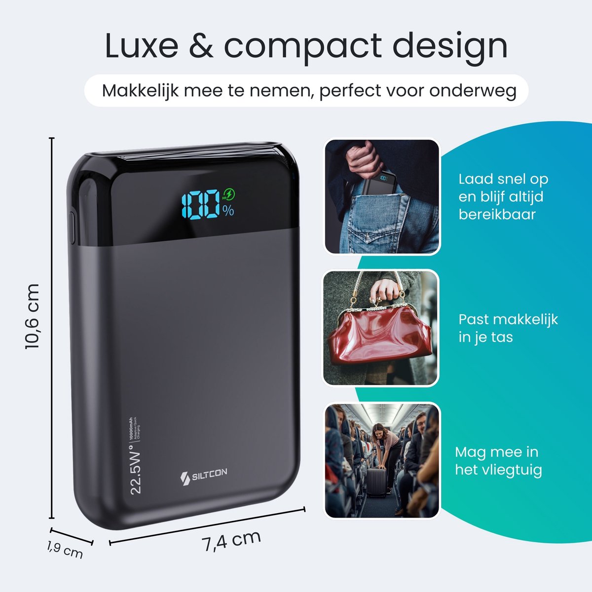 Siltcon® Ultra Compacte Powerbank 10000 mAh - 22.5W Snellader – USB-C / A - LED Indicatie - Noodpakket – Universeel voor Telefoons, Tablets & Meer– 2 Poorten - Zwart — afbeelding 5