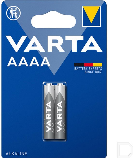Piles alcalines Varta AAAA, 2 pièces dans un emballage bleu.