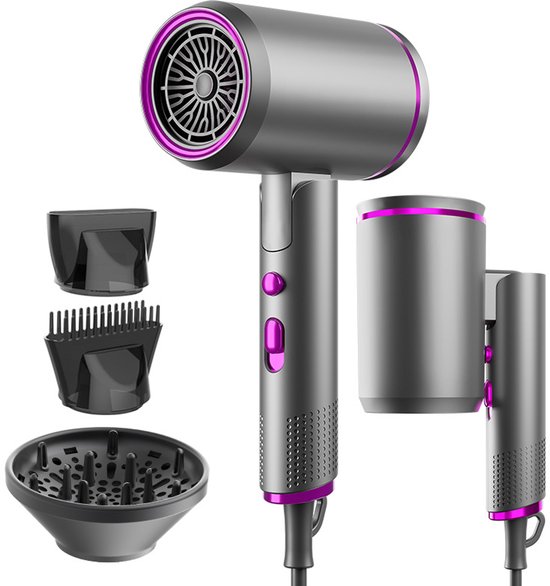 Opvouwbare professionele reisföhn van 2400 W met diffuser, unisex, krachtige luchtstroom voor snel drogen, gemakkelijk mee te nemen, verkrijgbaar in grijs/paars.