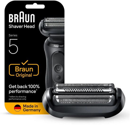Tête de rasoir Braun Series 5 dans son emballage, avec une tête de rasoir séparée à côté. Fabriqué en Allemagne.
