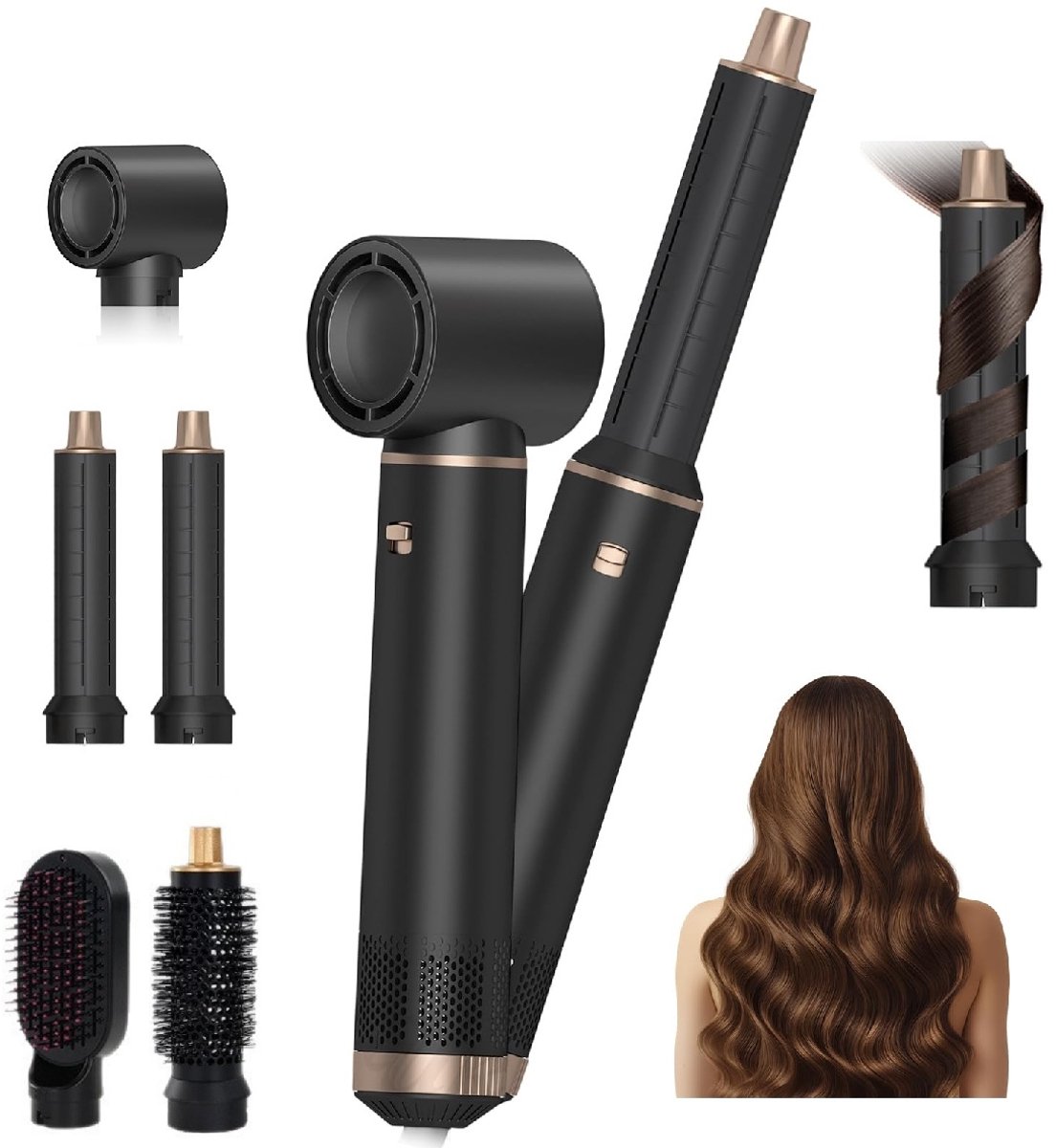longziming -5-In-1 Hairstyler - Haardroger Met Coanda-Technologie - Krullen En Gladstrijken In Één Apparaat - 5 Stuks - Voor Alle Haartypen Zwart