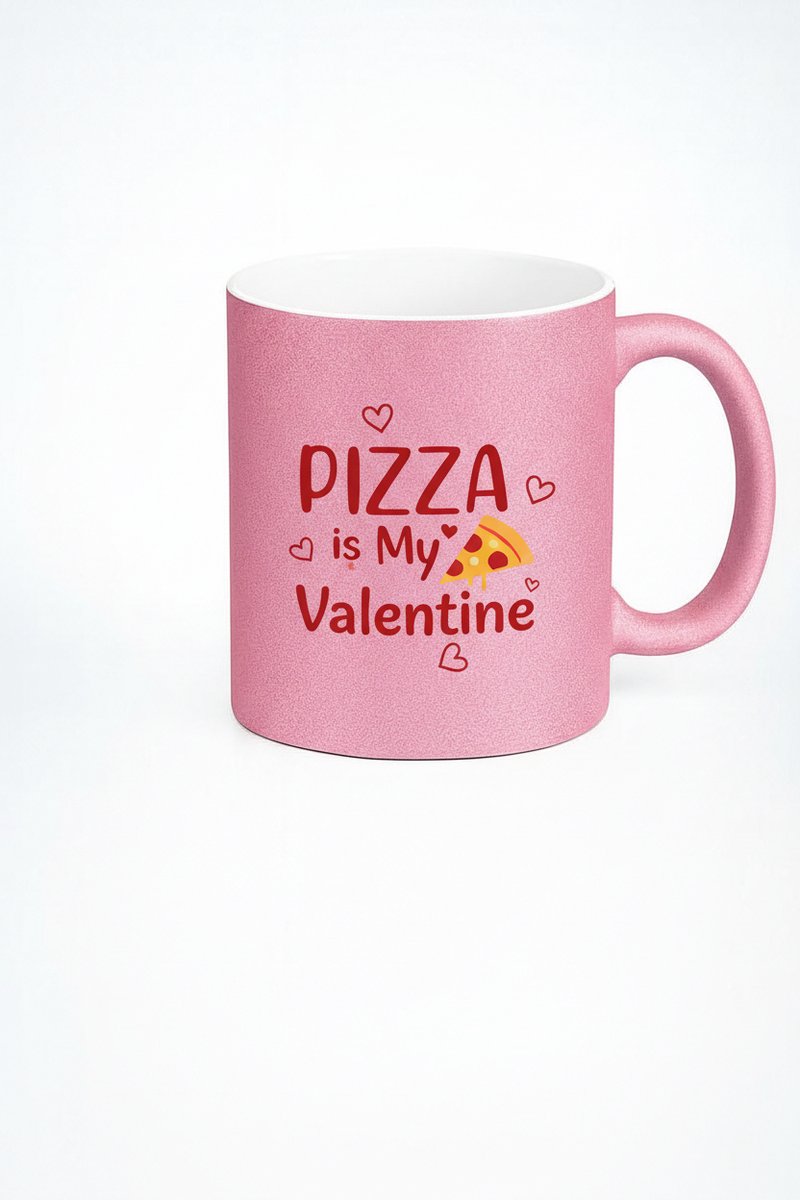 Valentijnsdag Mok 'Pizza is My Valentine' Roze Glitter - Cadeau voor Pizza Liefhebbers