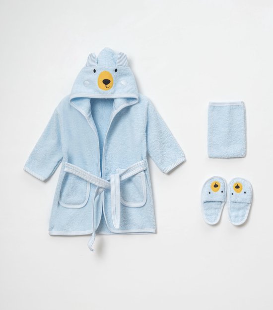 Baby Badset BEER 4-delig – Badjas, Badcape met Capuchon, Slofjes & Washand – 100% Katoen – Lichtblauw - 3-4 jaar