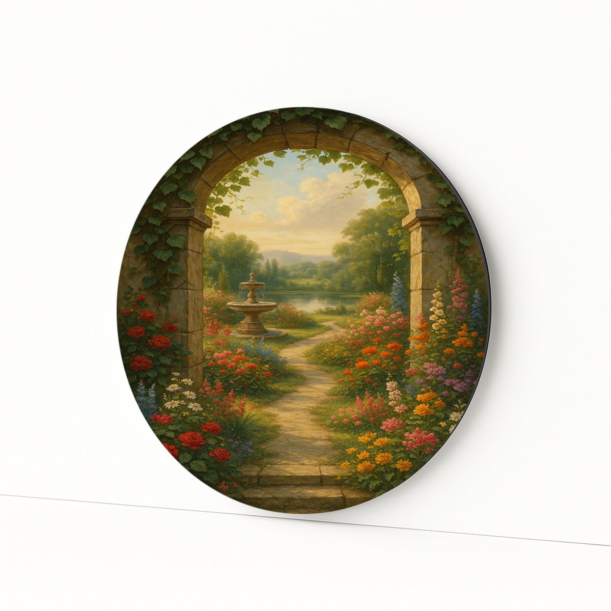 Stenen boog met fontein – wandkunst rond – Dibond muurcirkel – 80x80 cm