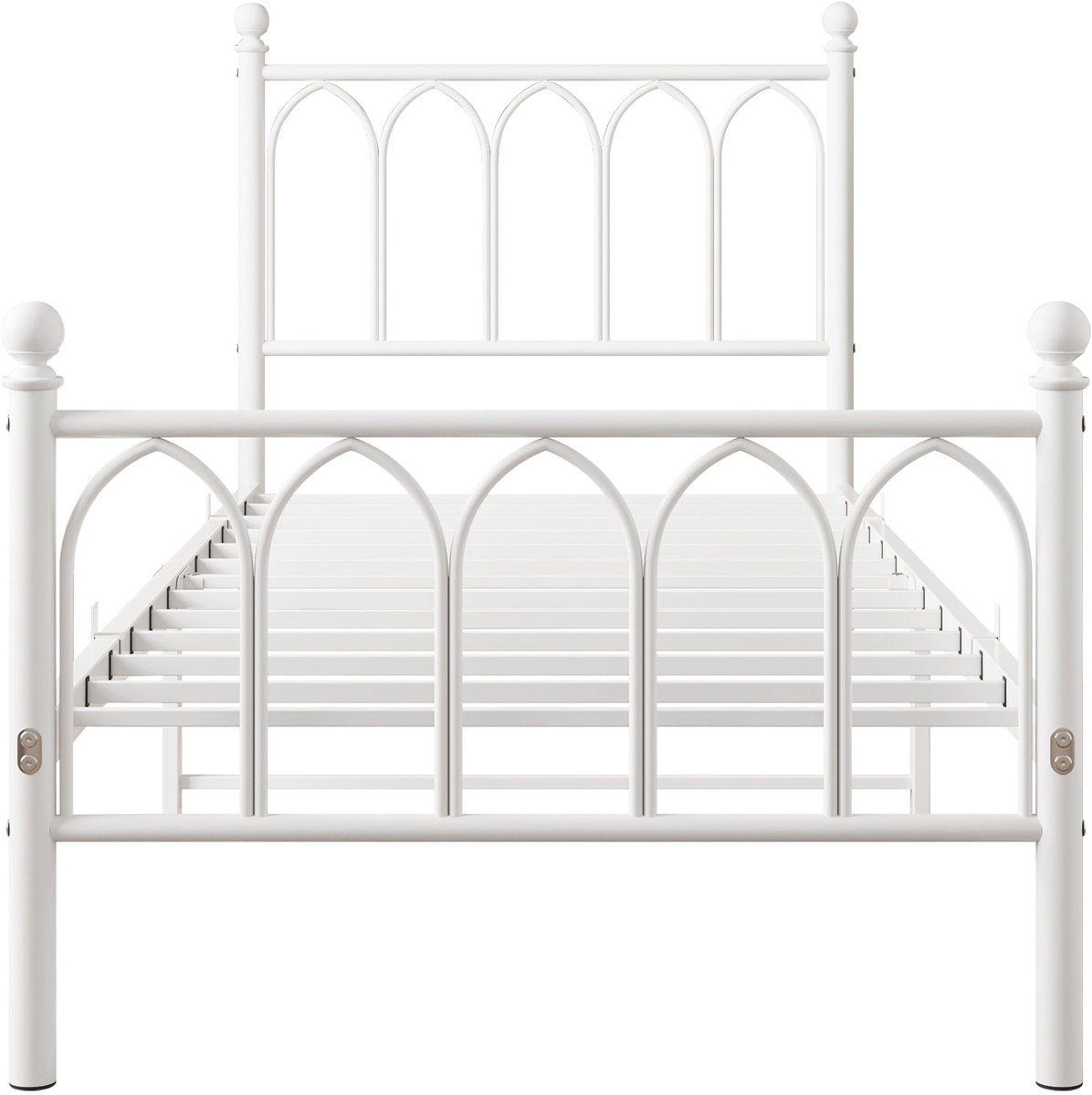 Merax Metalen Eenpersoonsbed 90x200 - Wit - Vintage Hoofdbord En Voetbord - Stalen Lattenbodem - Onderbed Opbergruimte 27 Cm - Geen Boxspring Nodig